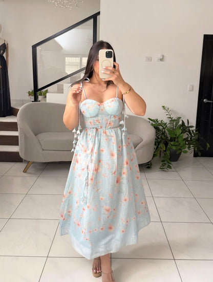 Floral Lace-up Midi Dress